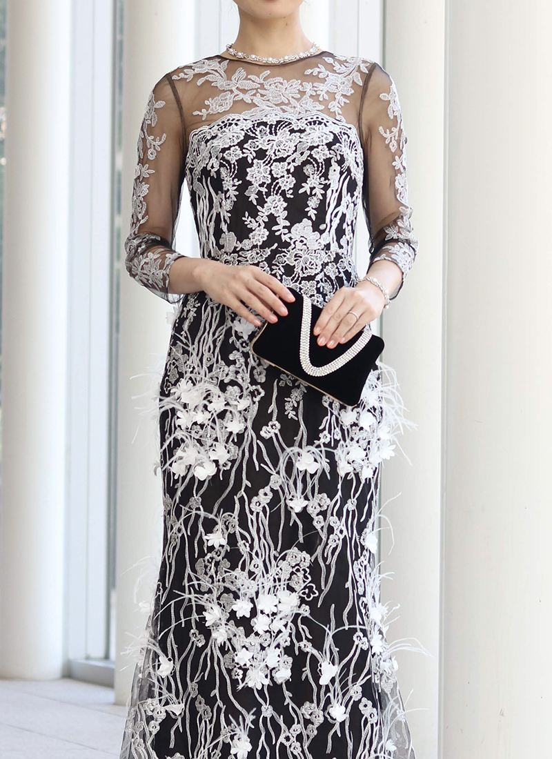 マザードレスレンタル｜RMD-033：Faye Won（フェイ・ウォン）【インポート】ブラック×ホワイト刺繍Dress