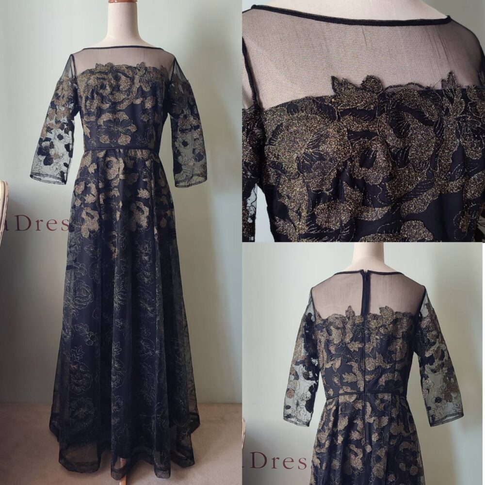 ブラックチュール×ゴールドフラワー刺繍Dress(6)