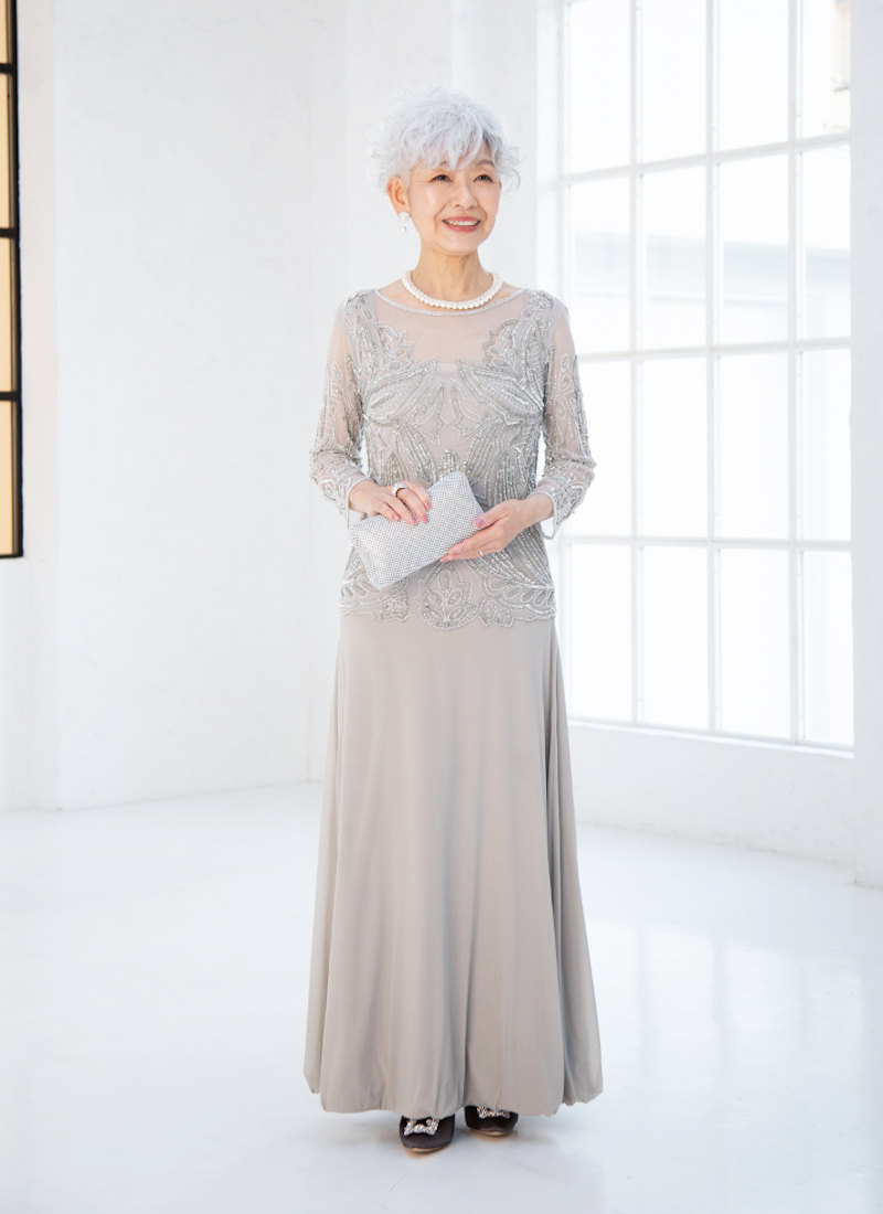 RMD-104 : Meadow Reave（メドウ・リーヴ）【インポート】シルバーグレービジュー長袖シフォンDress